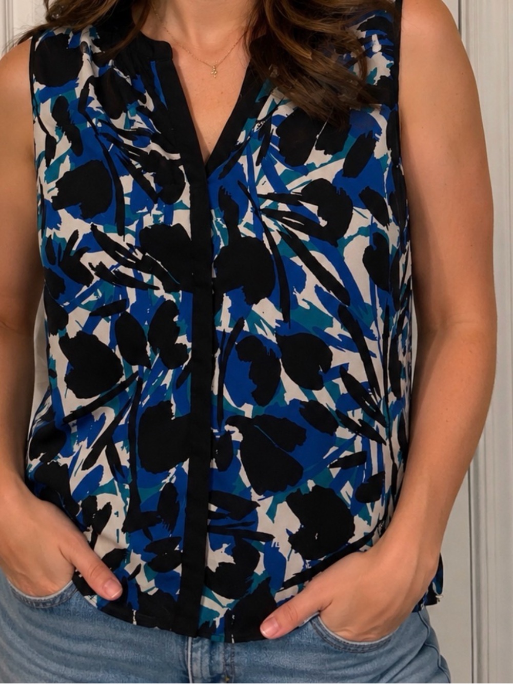 Calvin Klein Performance Blue, Black & White Floral Print Sleeveless Top